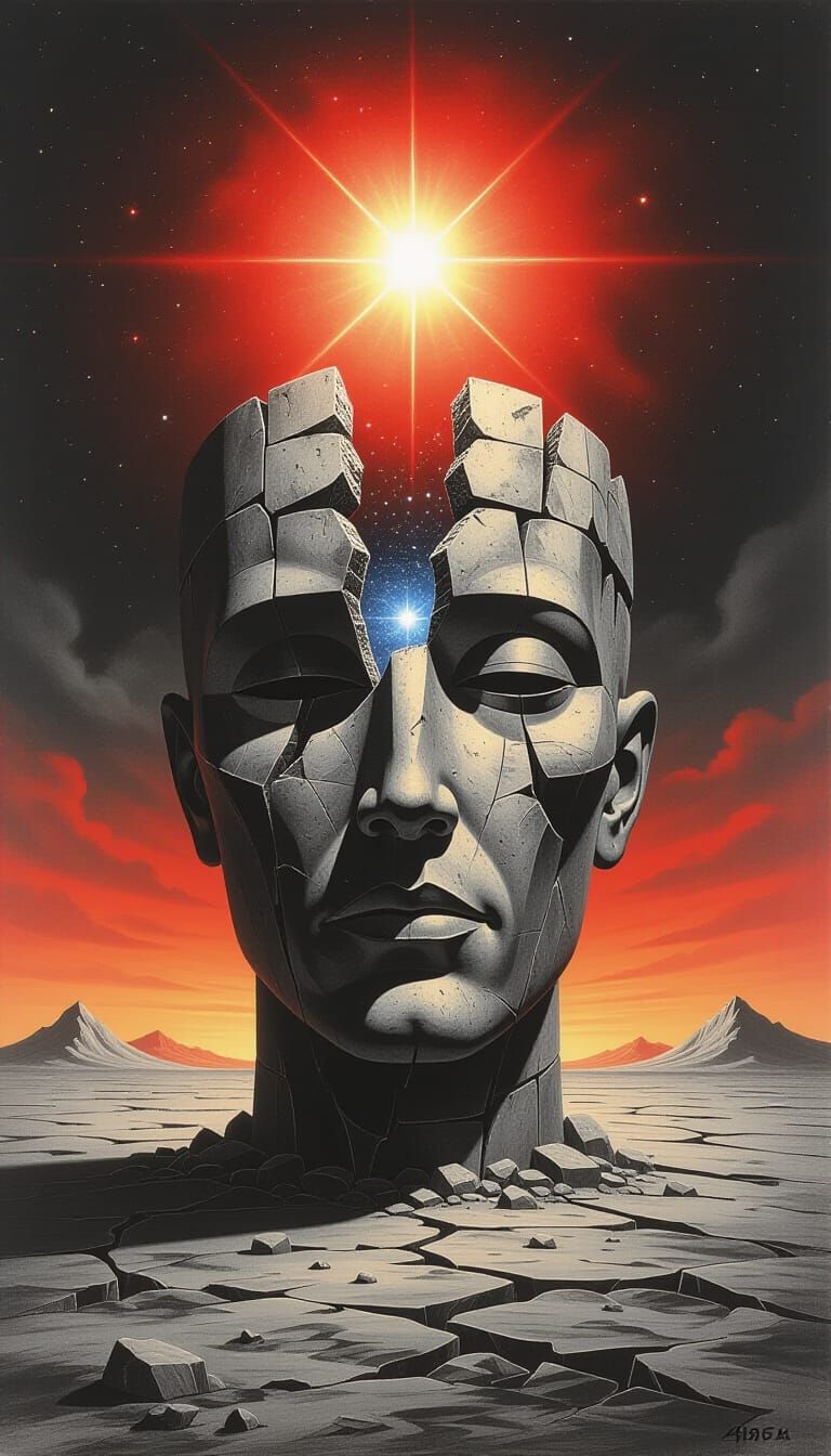 Fractured Colossal Head Sculpture in Barren Landscape