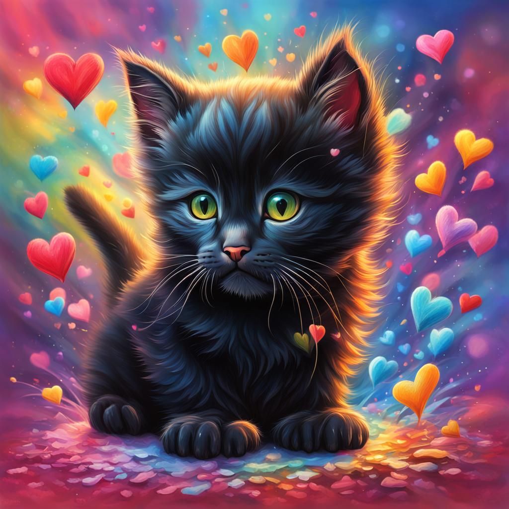 Adorable Black Kitten Surrounded by Hearts