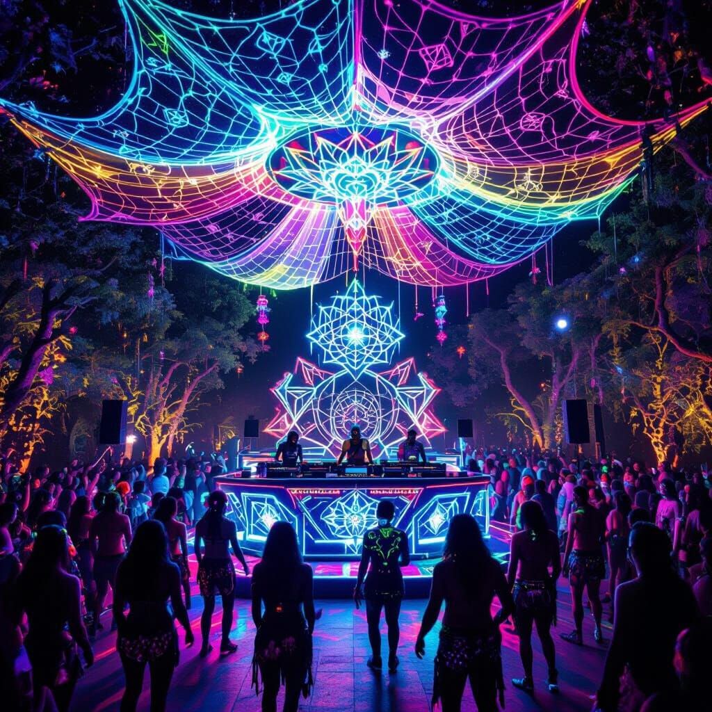 Psytrance Dance Floor Under UV and Neon Lights
