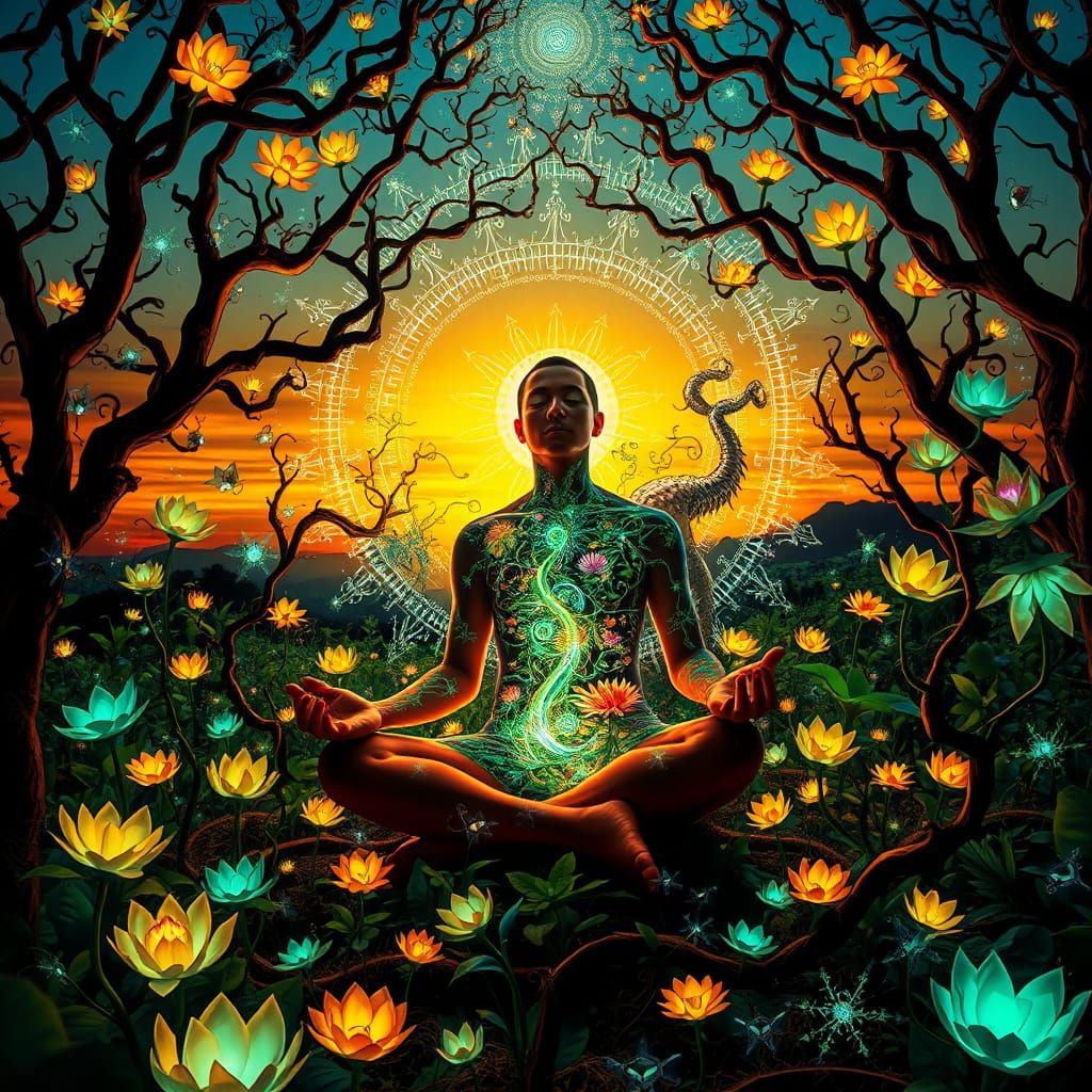 Dreamlike Man Meditating in a Vibrant Labyrinth of Light
