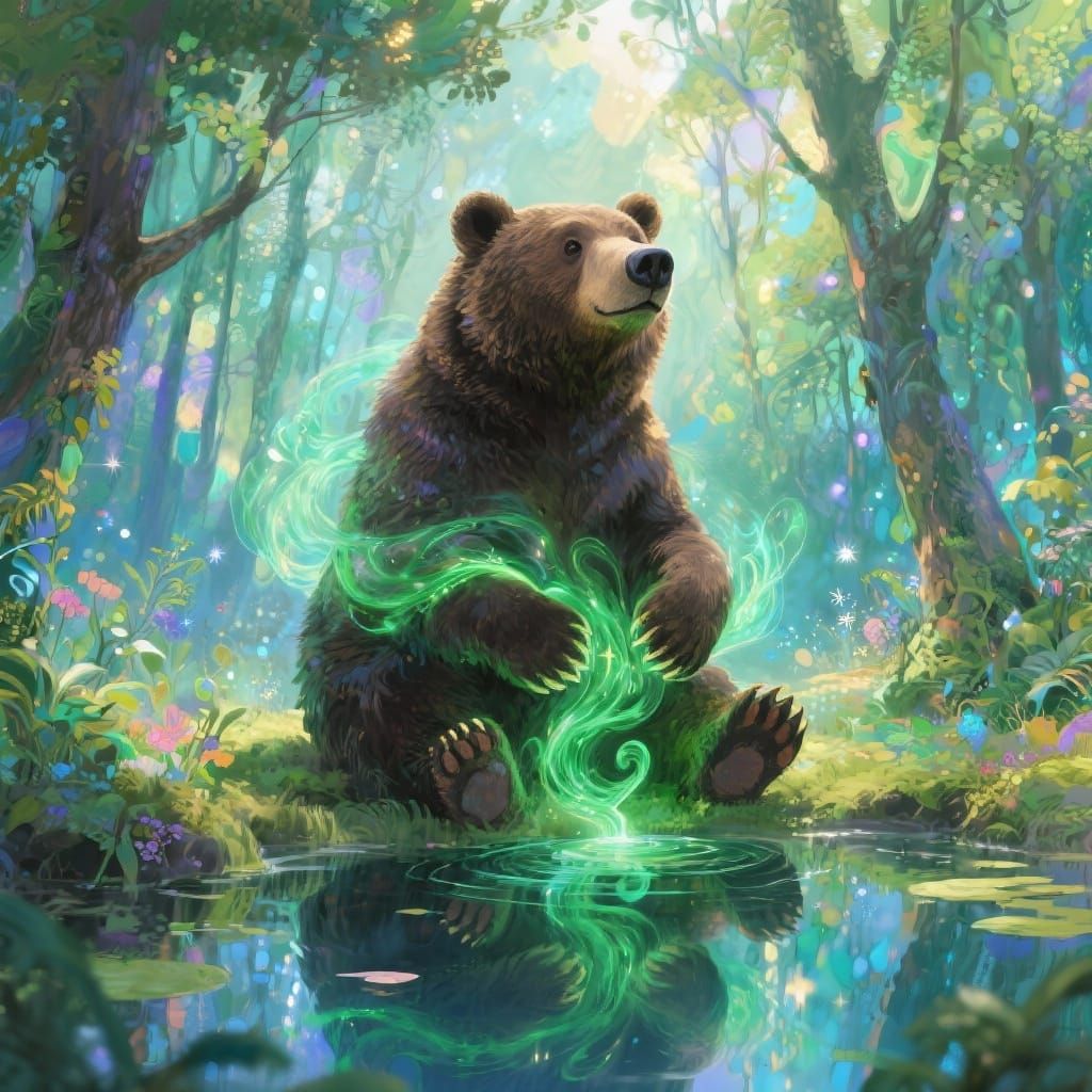 Magical Bear Spreading Healing Energy in a Sparkling Forest