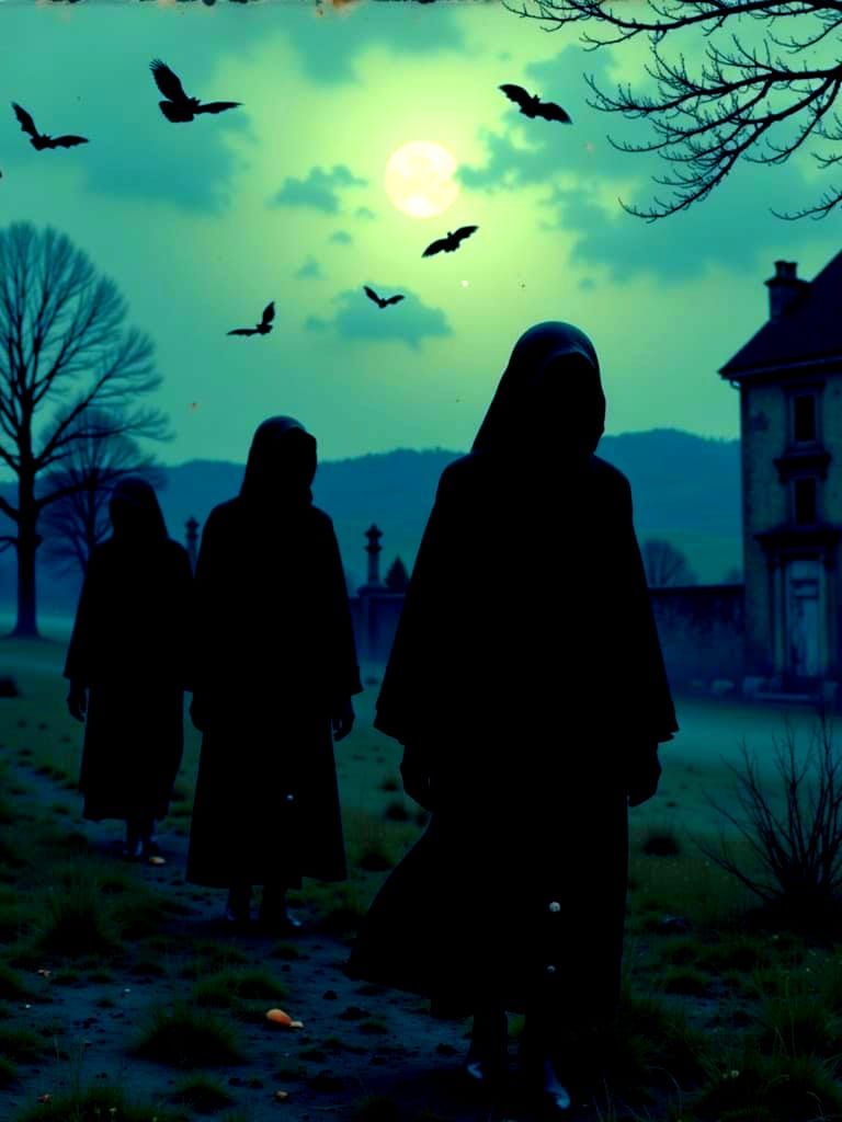 Cinematic Ghouls in Moonlit Cemetery with Swirling Bats