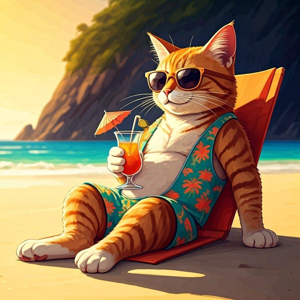 Orange Tabby Cat's Beach Vacation in Manga Style