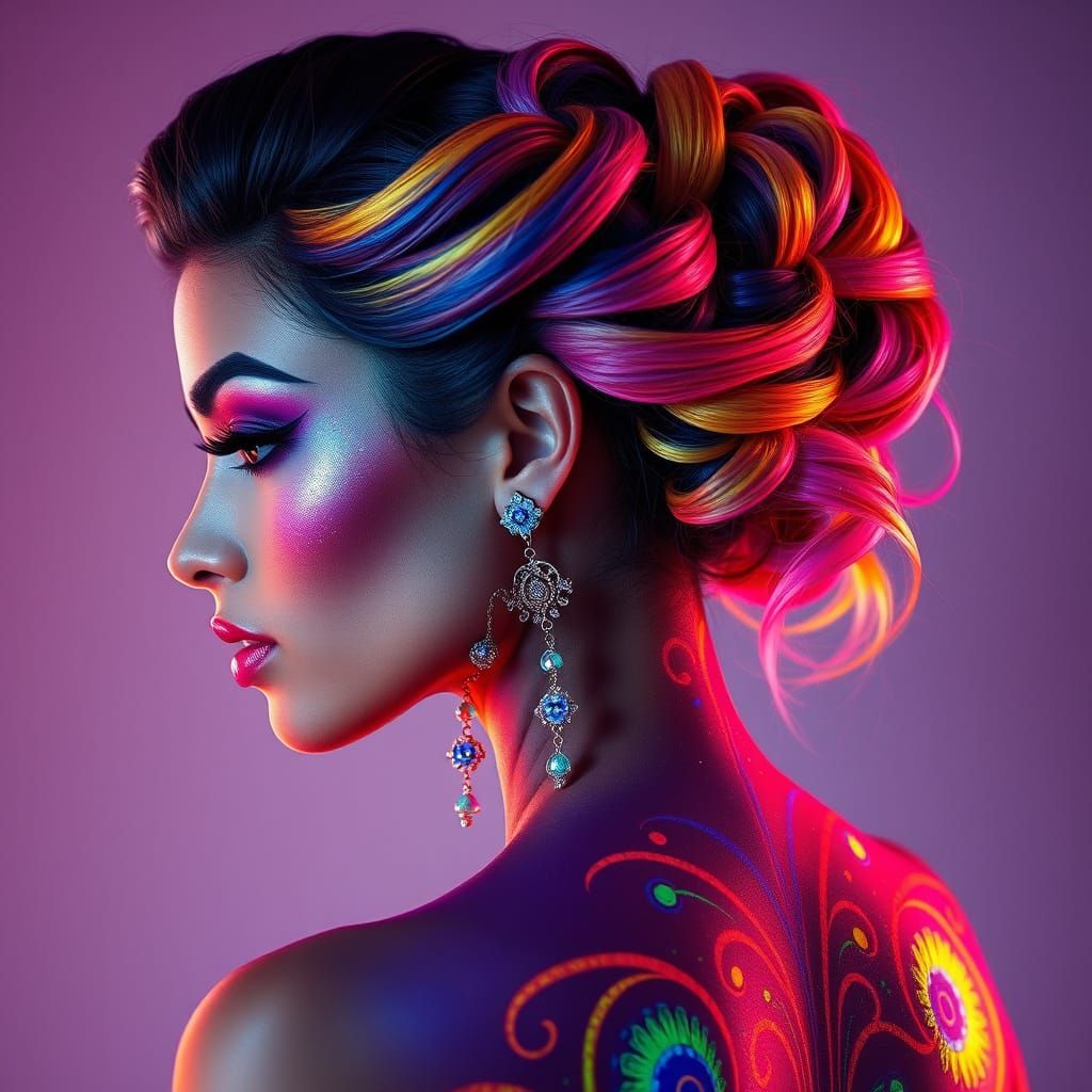 Stunning Regal Woman in Vibrant Rainbow Hair and Makeup