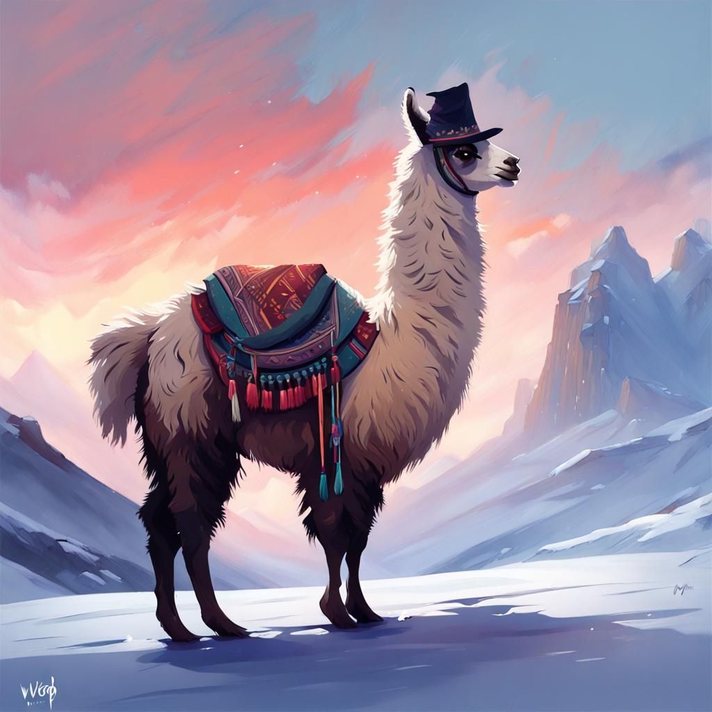Llama Wizard in Snowy Highlands: Gouache Fantasy
