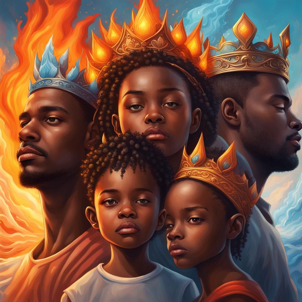Elemental Crowns on a Black Family, Hyperrealistic Art
