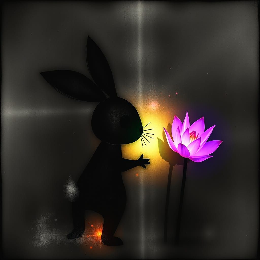 Chibi Wuxia rabbit surreal child's drawing , Lotus Mind , rayograph Man Ray collection of random b&W objects, light re...