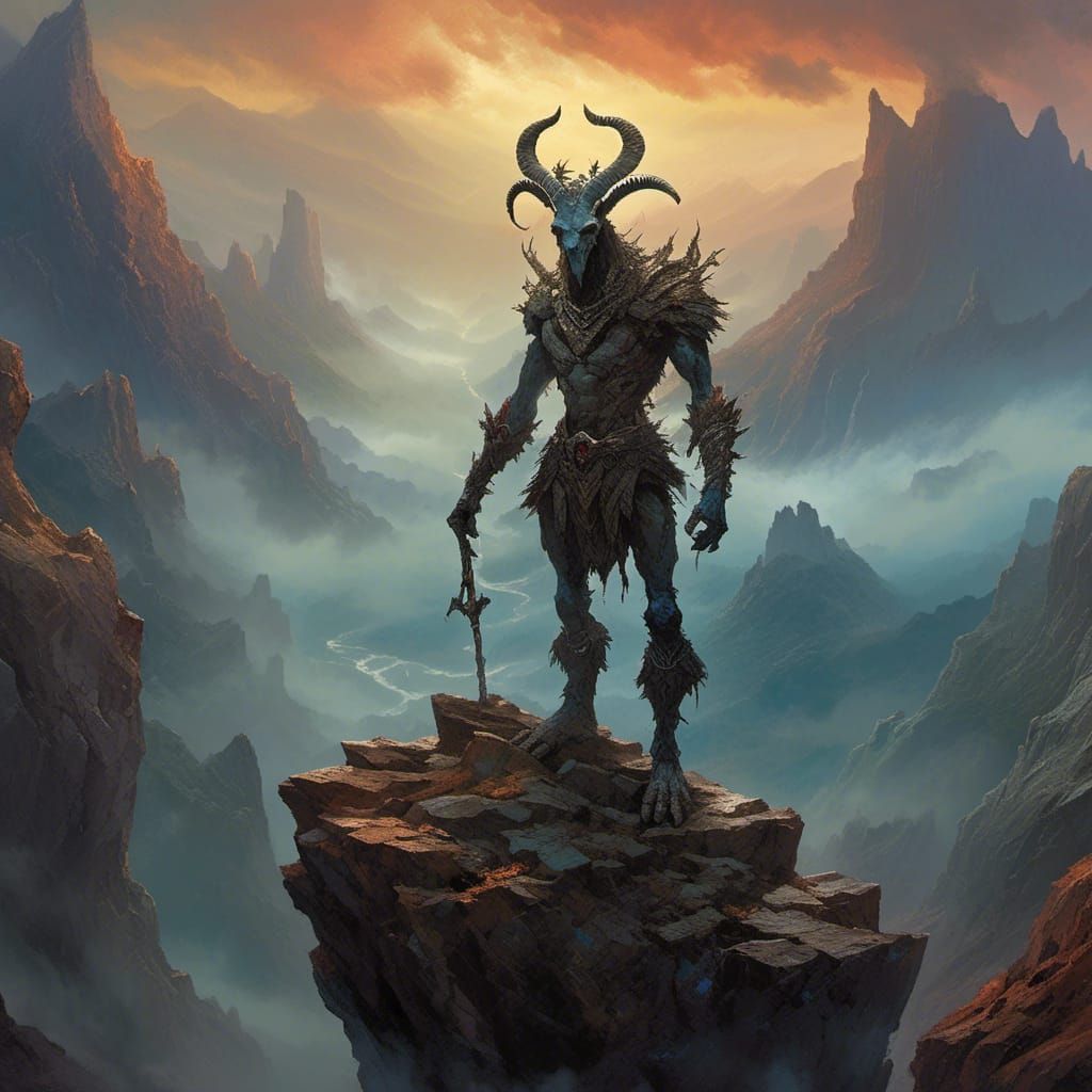 Goatman Warrior on Stone Cliff in Dark Fantasy Style