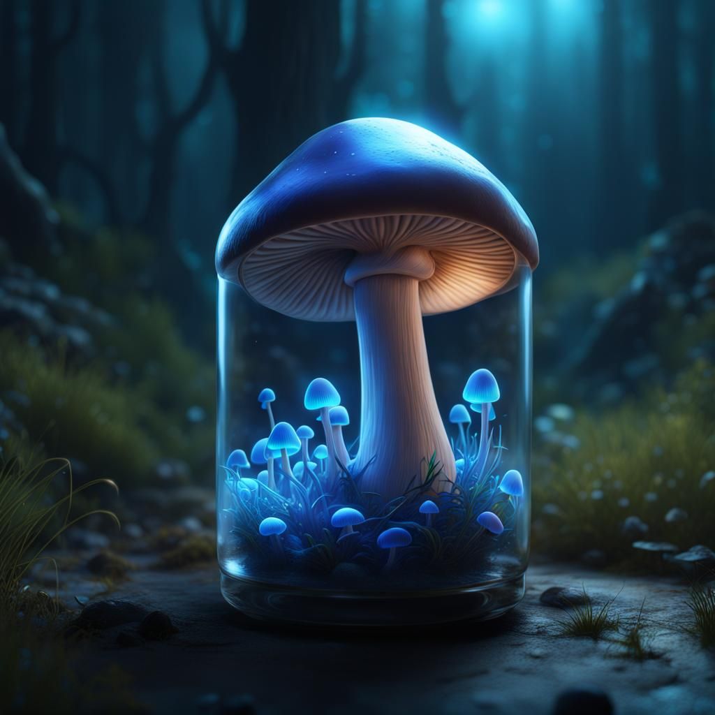Bioluminescent Blue Mushroom in Jar: Fantasy Concept Art