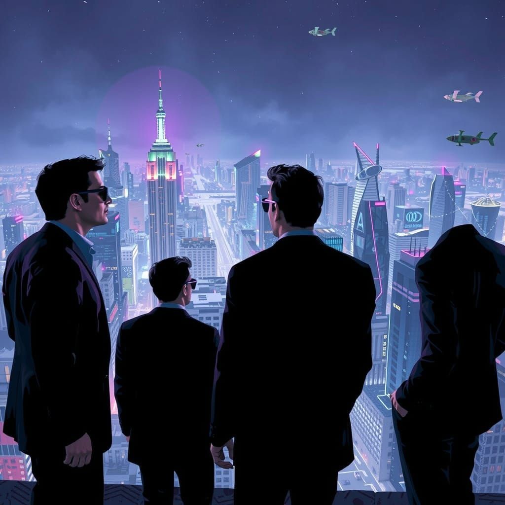Men in High-Tech Suits Gaze Over Cyberpunk Cityscape
