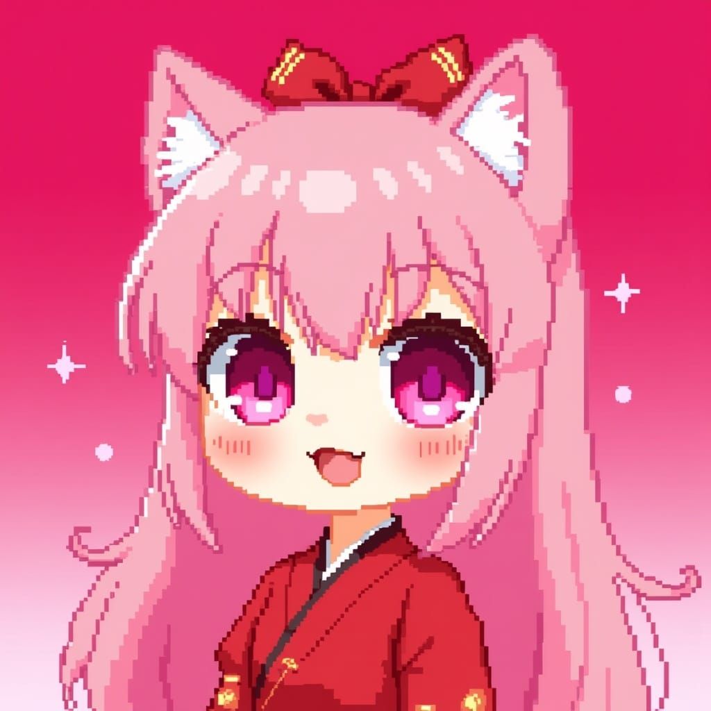 8-bit Pixel Art: Pink Anime Catgirl Portrait