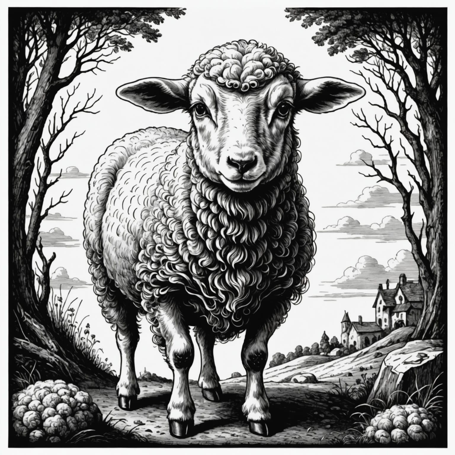 Nervous Lamb in Detailed Ink Drawing