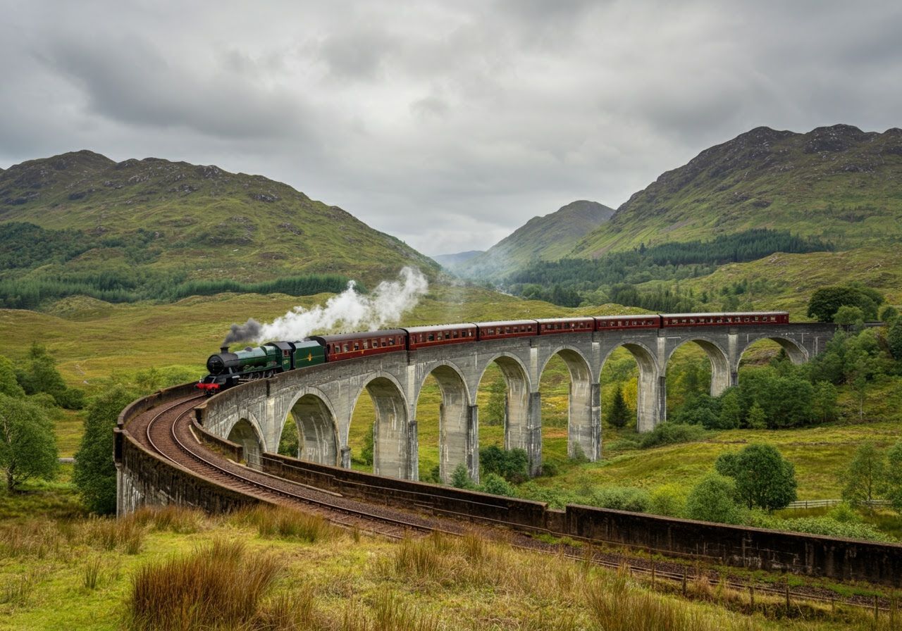 Vintage Train Crossing Glenfinnan Viaduct in Dreamy Style