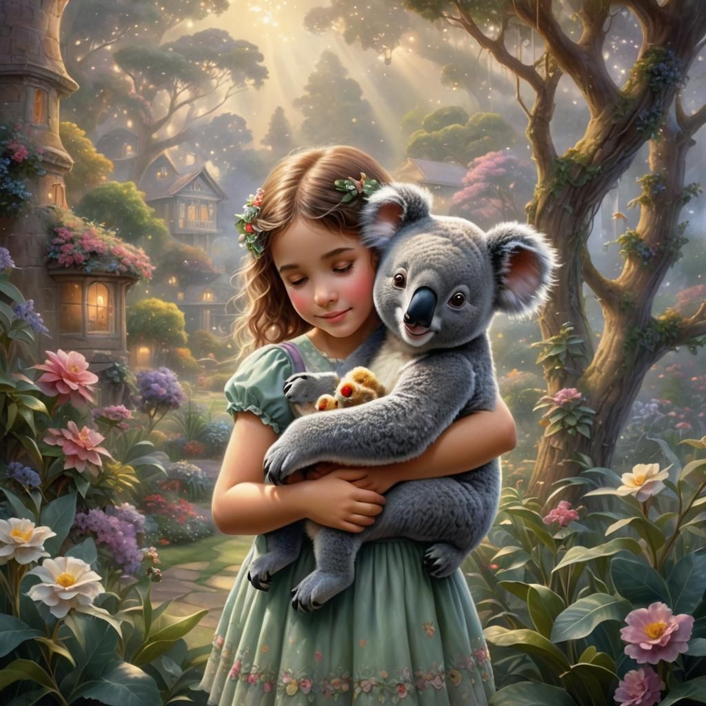 Girl Hugging Koala Bear in Ethereal Garden