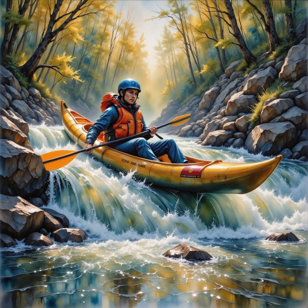 Adventurer Canoeing Wild Rapids in Realist Style
