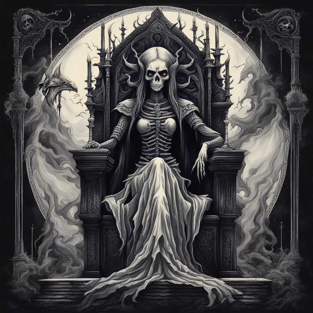 Goddess of Death on Throne: Dark Fantasy Art