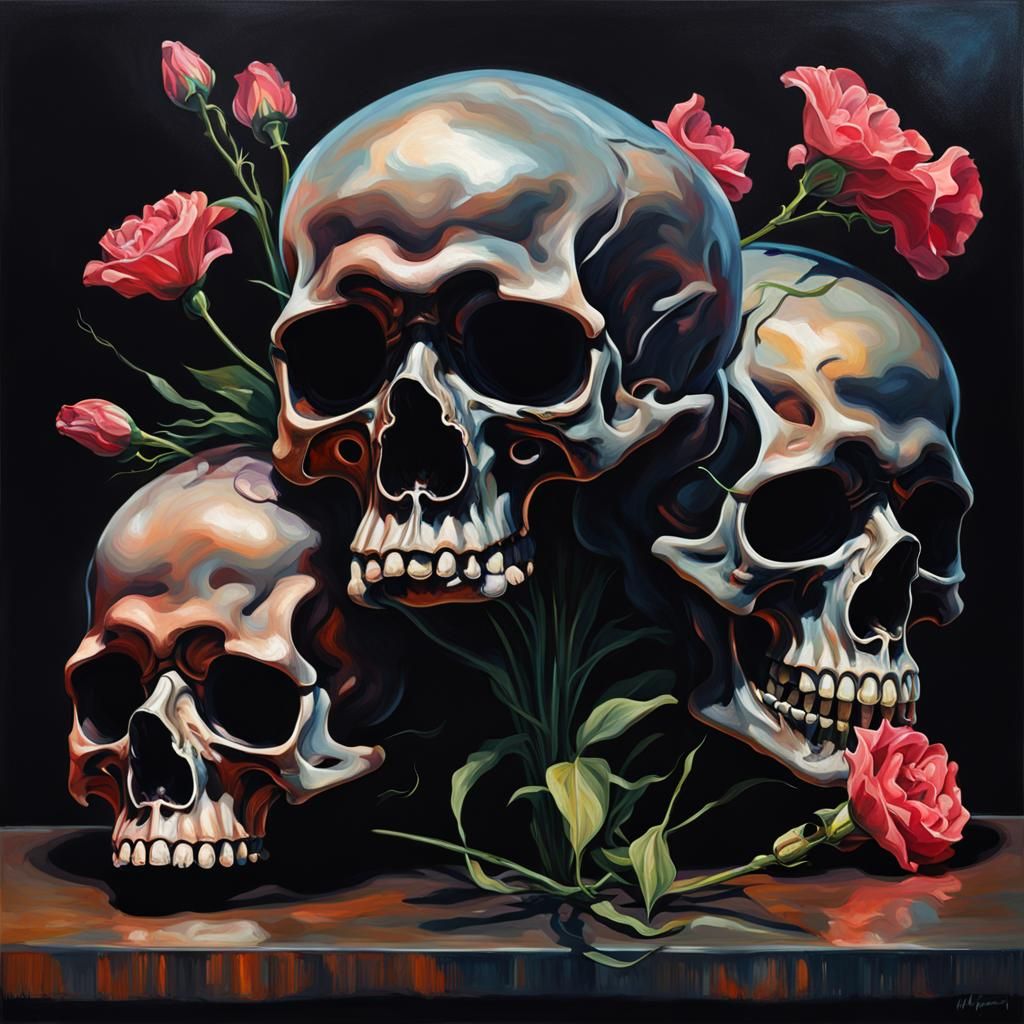 Black Skulls Open Brain Flowing into Flower