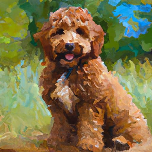 Golden Doodle Puppy in Park: Oil Painting