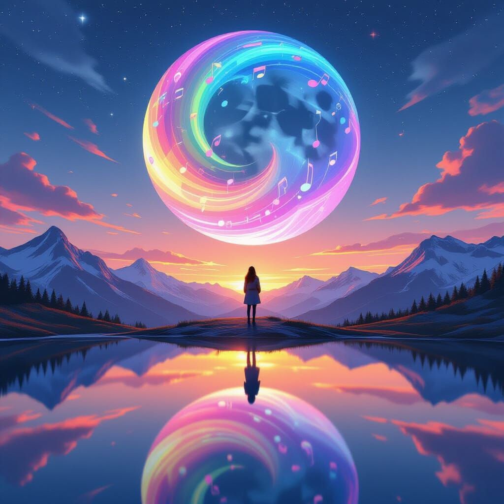 Lunar Sky with Rainbow Music Notes and Mountains
