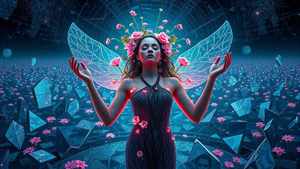 Surreal Goddess Awakens Among Shattered Mirrors