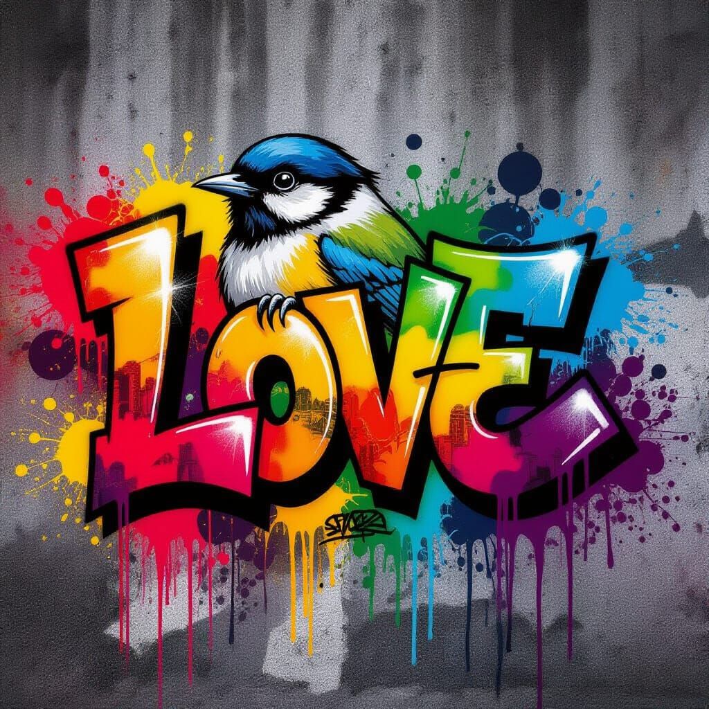 Vibrant Graffiti Bird Artwork in High Contrast