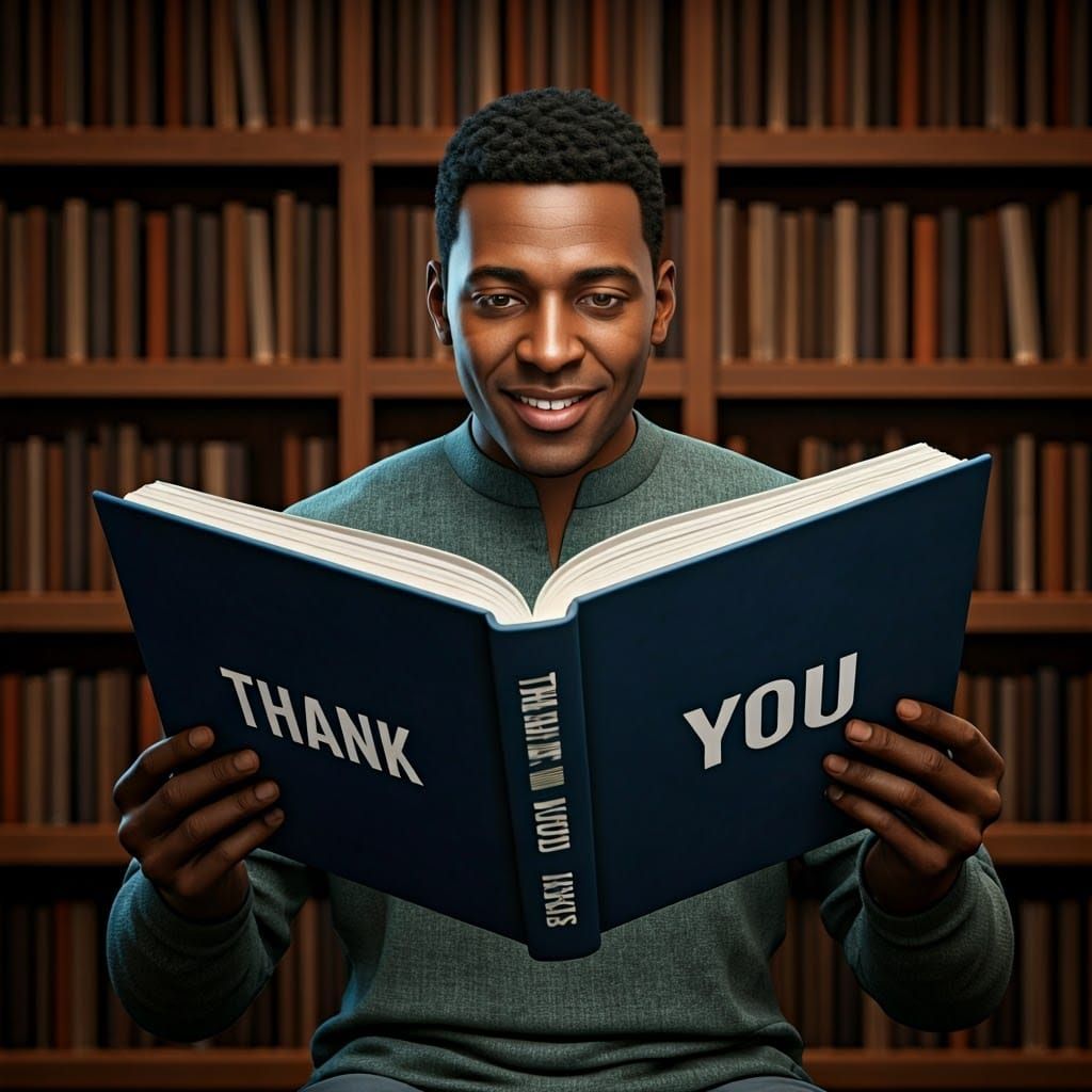 Man Reads Thank You Book in Modern Library