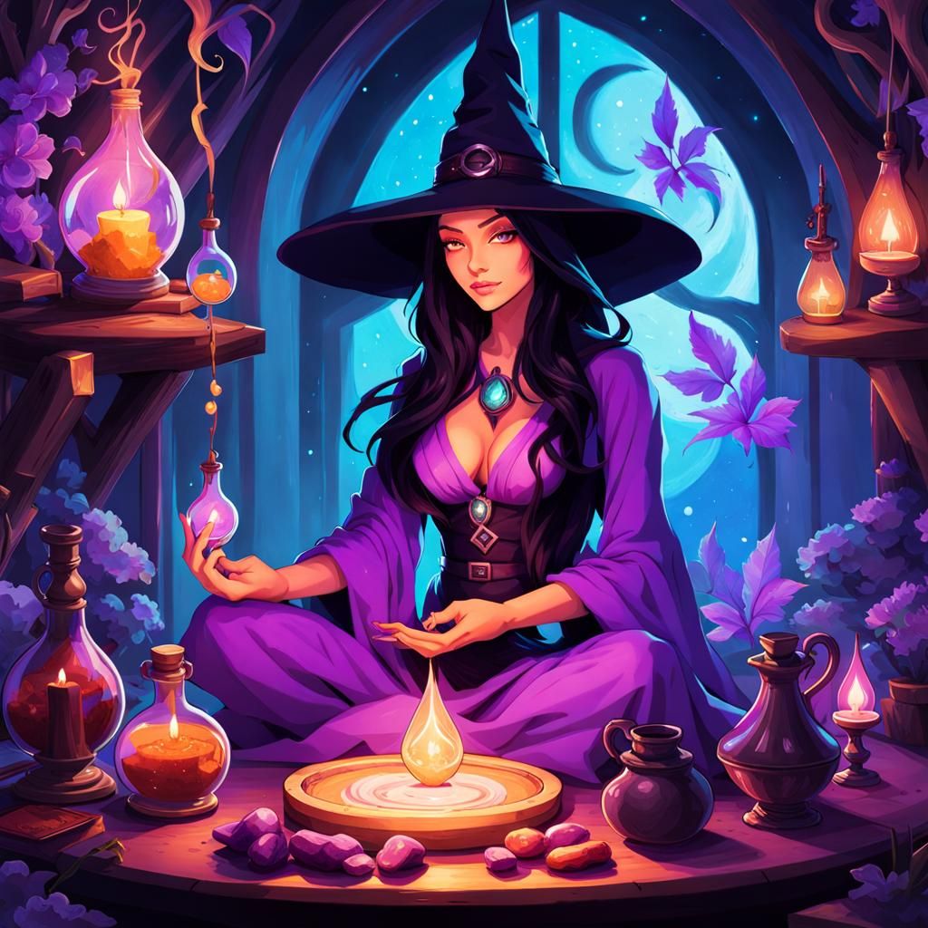Arcane Witch Meditating in Magical Laboratory