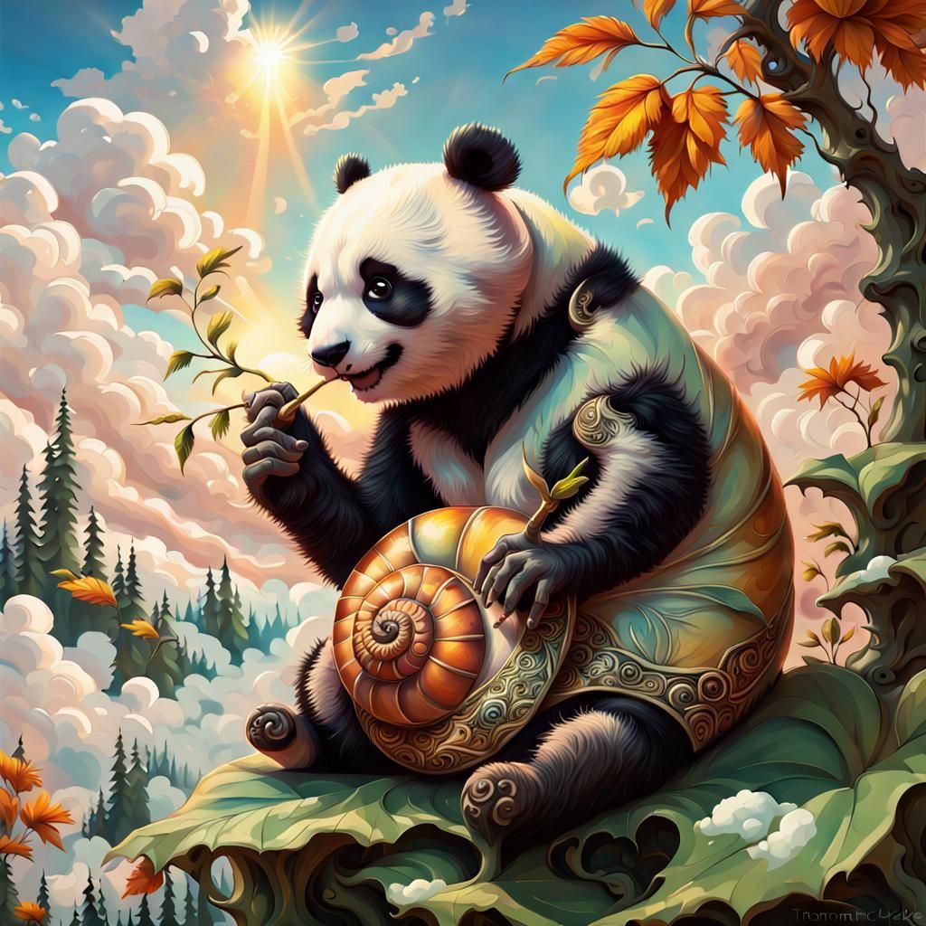 Panda-Snail Hybrid in Dreamy Ink Art Landscape
