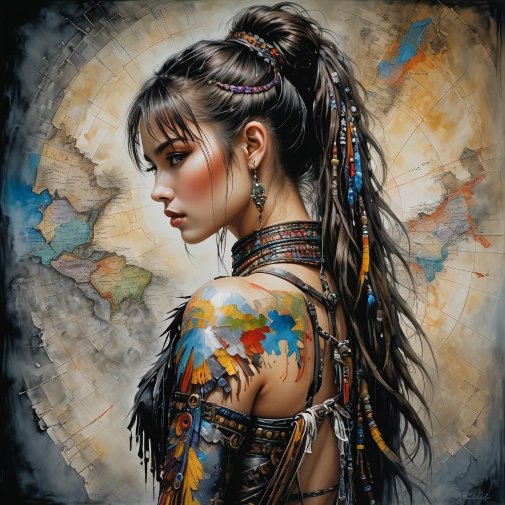 Woman with Colorful Maps in Oil Painting Style