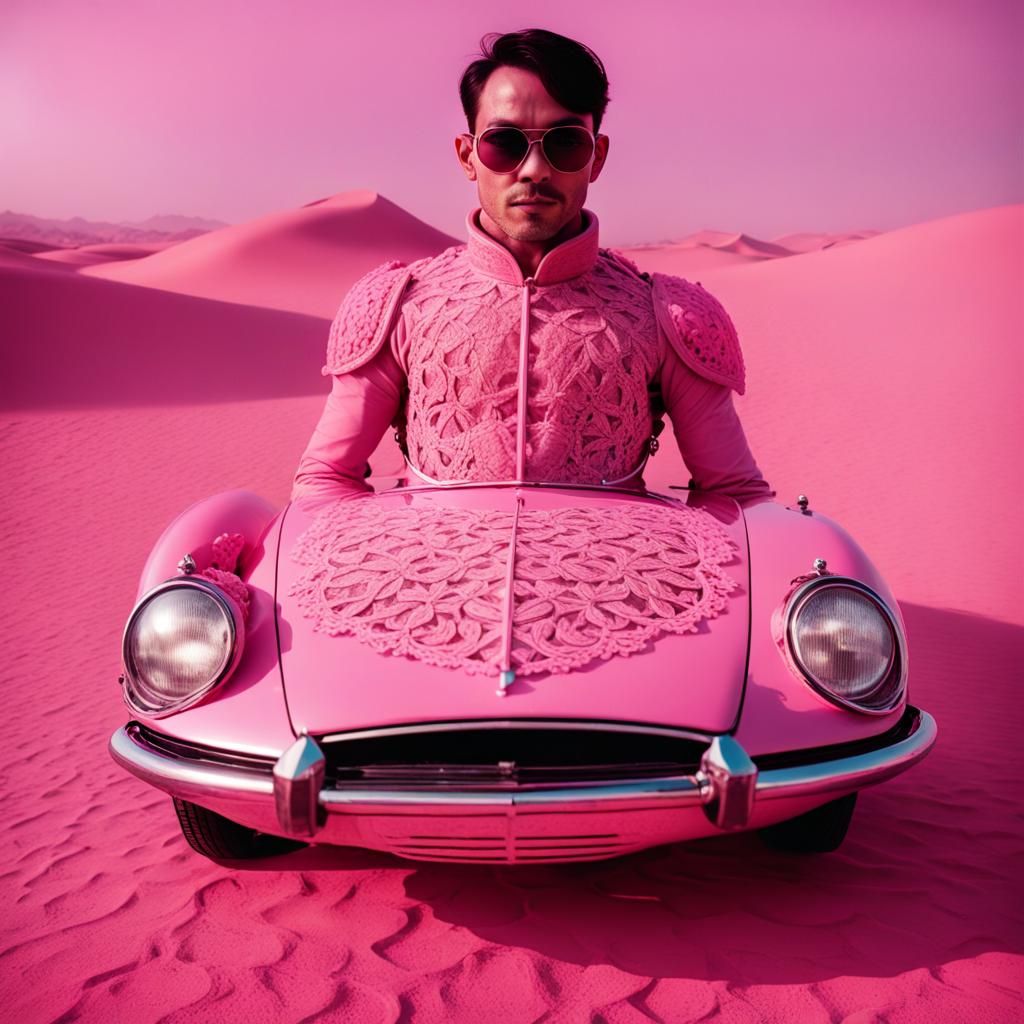 Pink Armored Figure in Desert, Wong Kar-wai Style