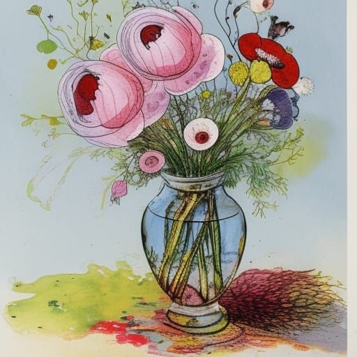 Floral Display with Marbling and Splatter Effects