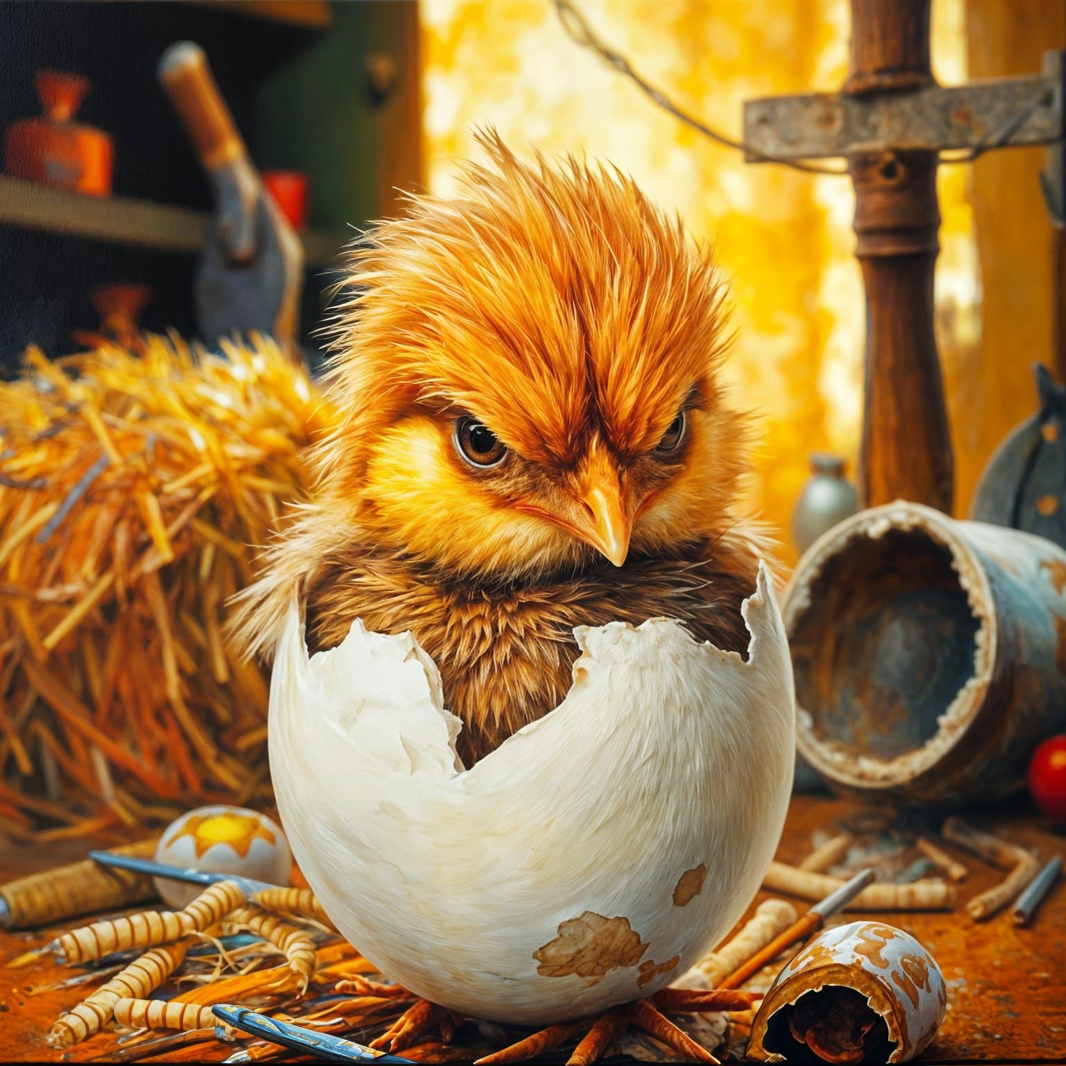 Cute Chick in Egg, Impasto Watercolor Painting