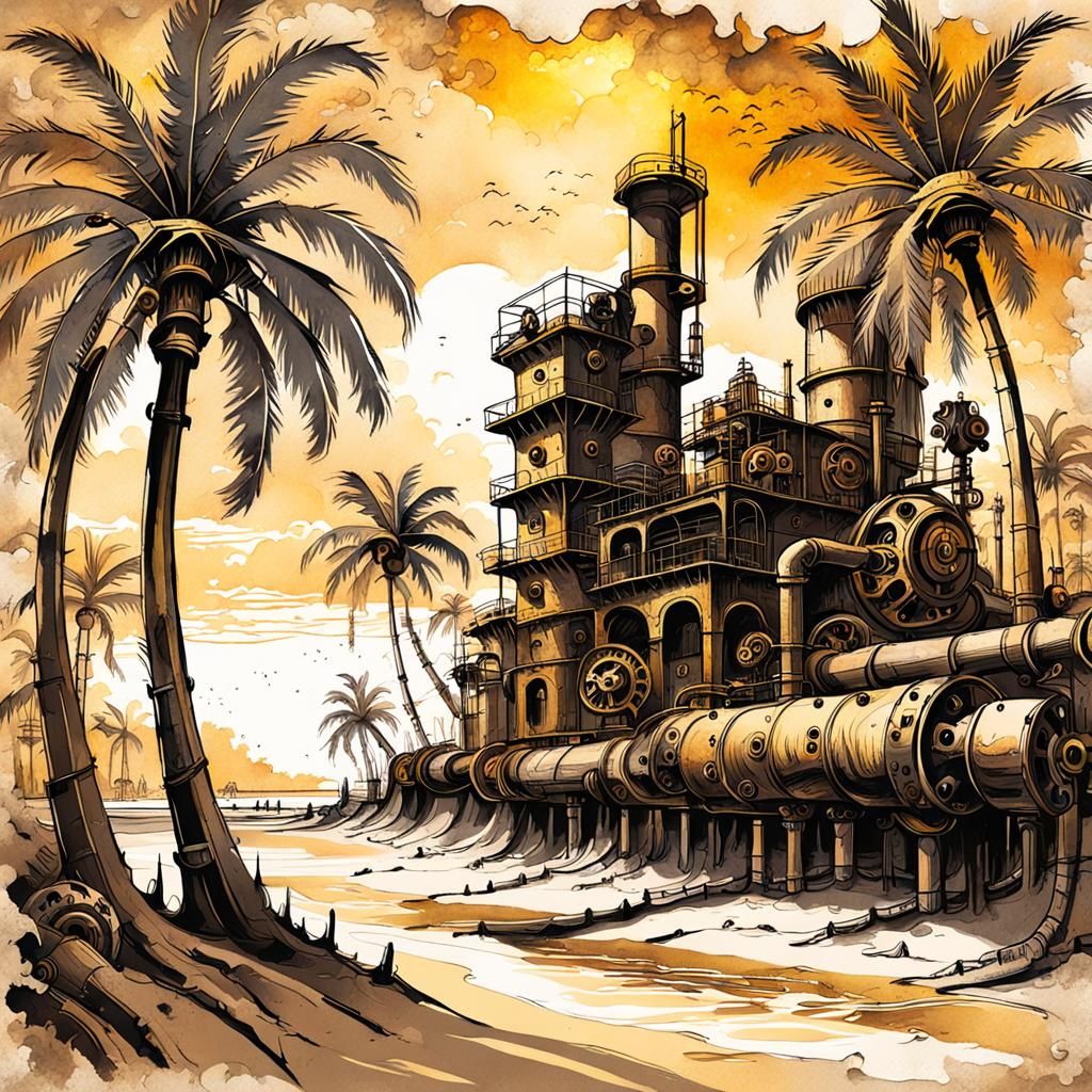 Steampunk Palm Trees Ink Painting