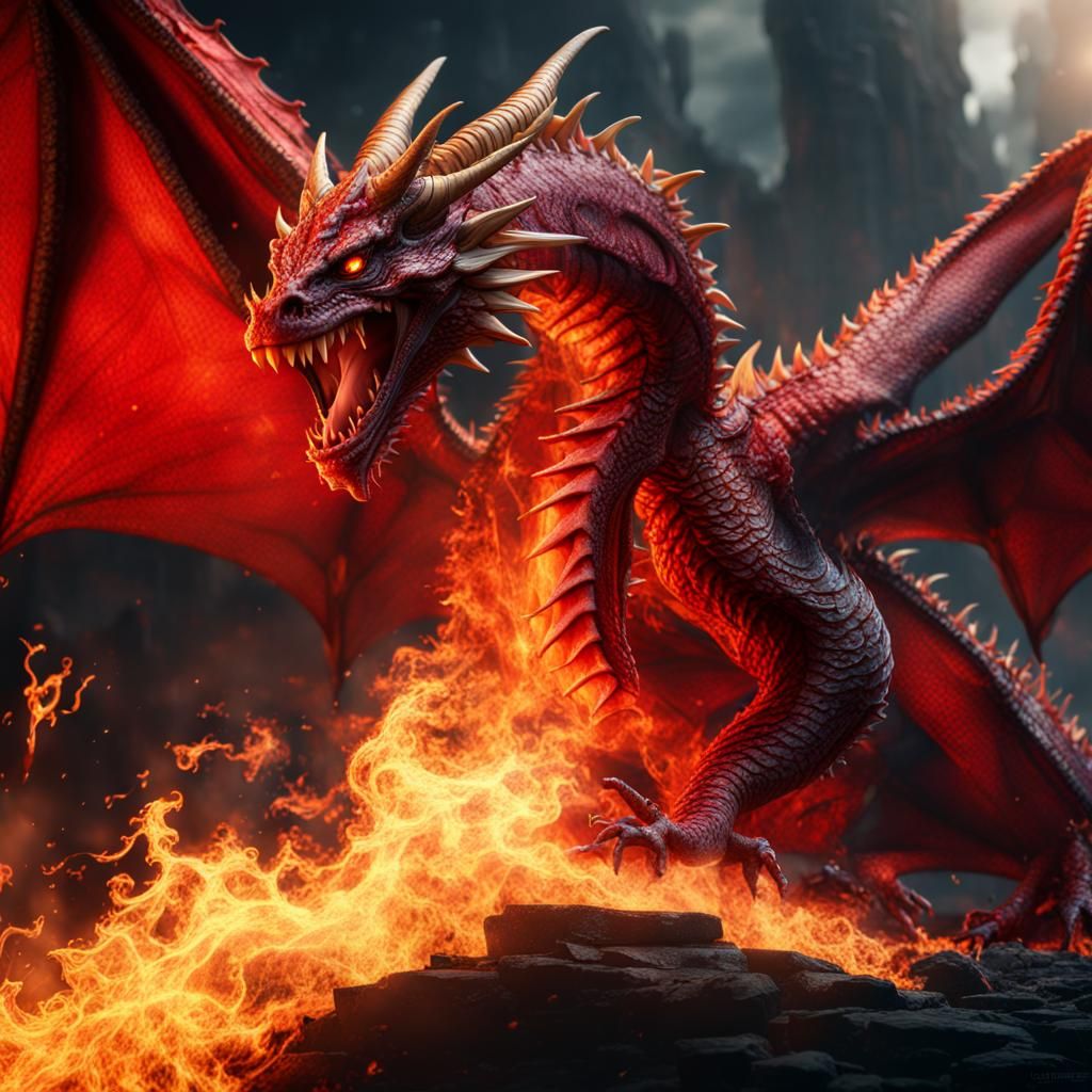Majestic Red Dragon Belching Fire, Detailed Matte Painting