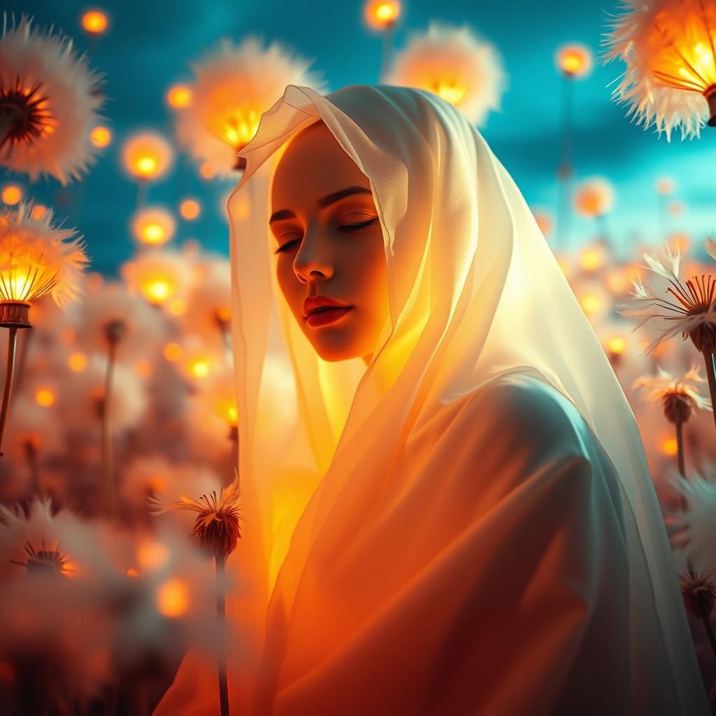 Ethereal Woman in Dandelion Dreamscape, Infrared Photography