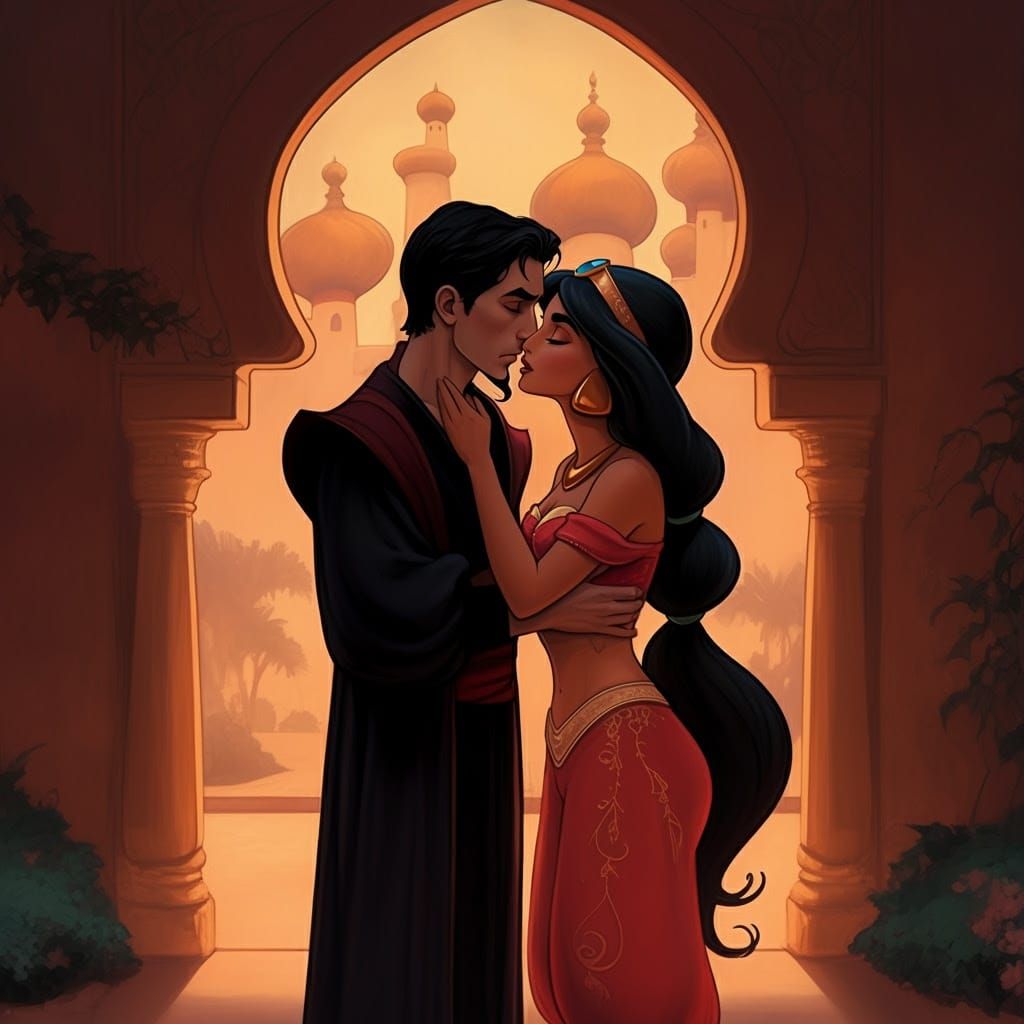 Sensual Princess Kissing Dark Sorcerer in Arabian Fantasy Ar...