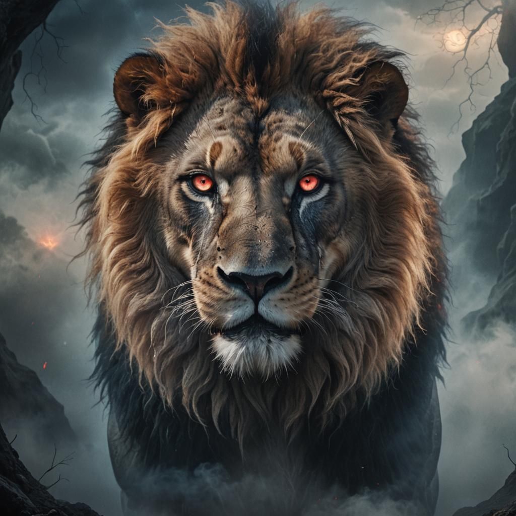 Majestic Lion with Piercing Eyes in Eerie Mist