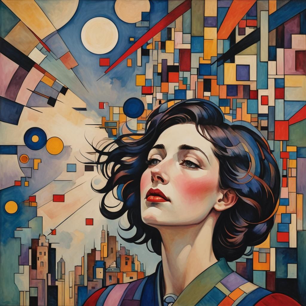 Woman Gazing Upward in Geometric Gouache Style