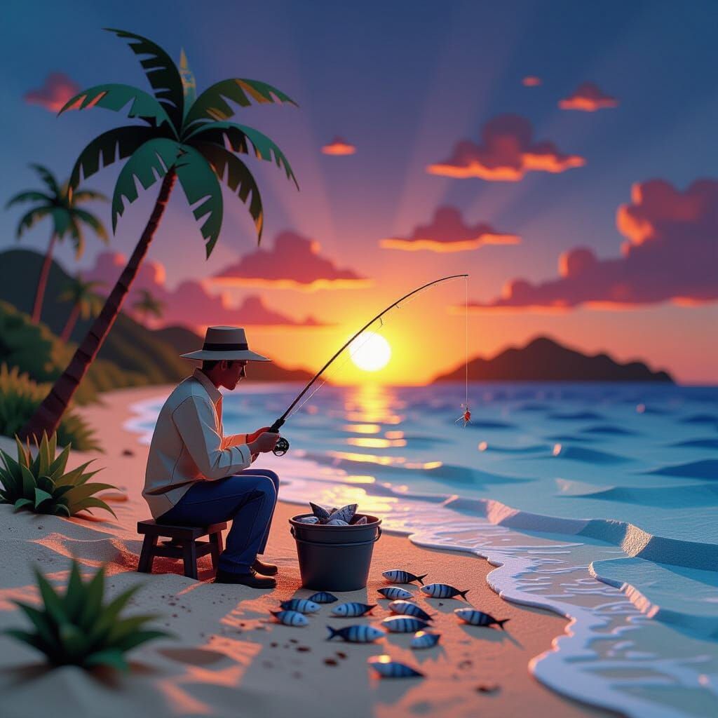 Fisherman on Deserted Island at Sunset in Papercraft Style