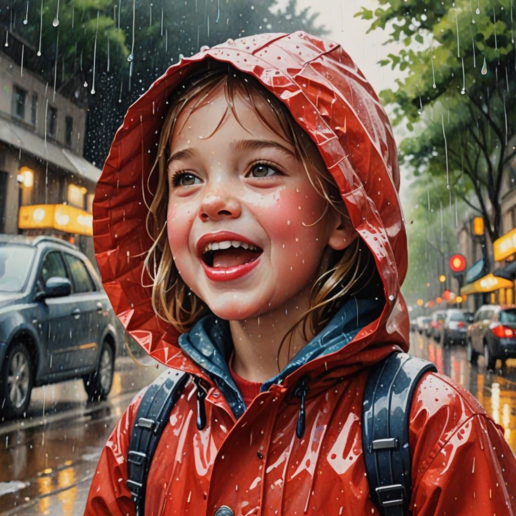 Whimsical Watercolor Portrait of a Joyful Girl in the Rain