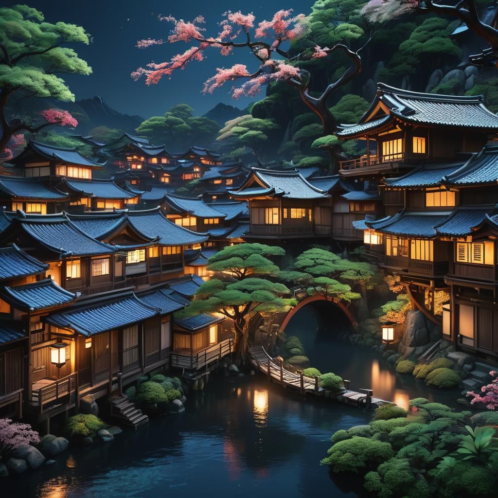 Nighttime Japanese Village: Detailed Matte Painting