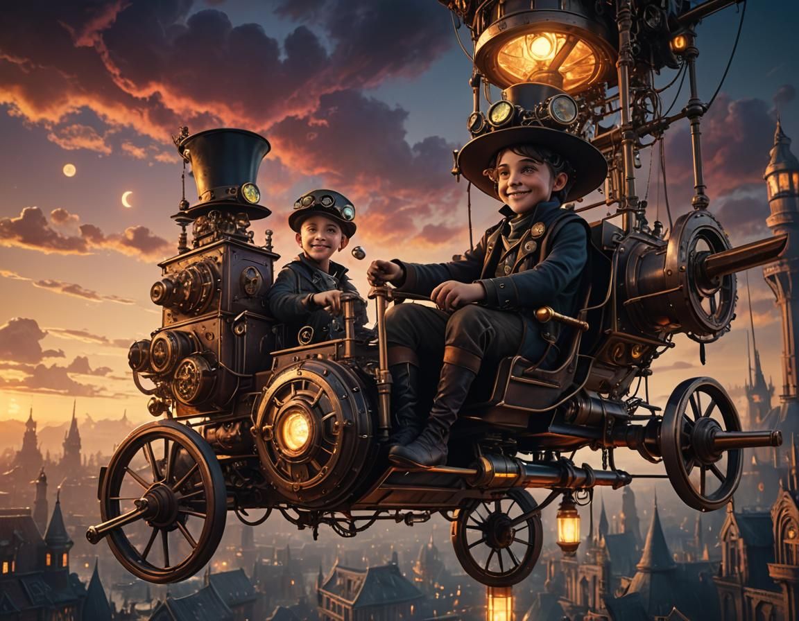 Steampunk Flying Machine Piloted by Young Boy