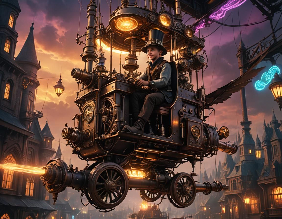Steampunk Flying Machine with Boy in Cyberpunk Style
