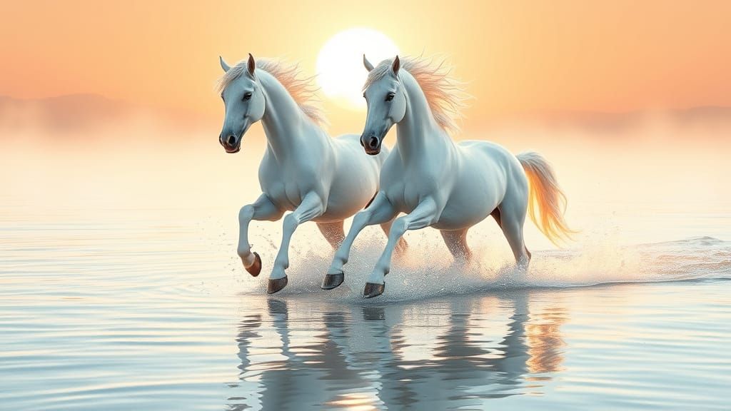 Majestic White Horses Gallop Through Tranquil Beach Waters
