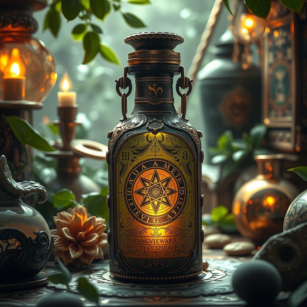 Surreal Apothecary Scene with Mysterious Essential Oil Bottl...