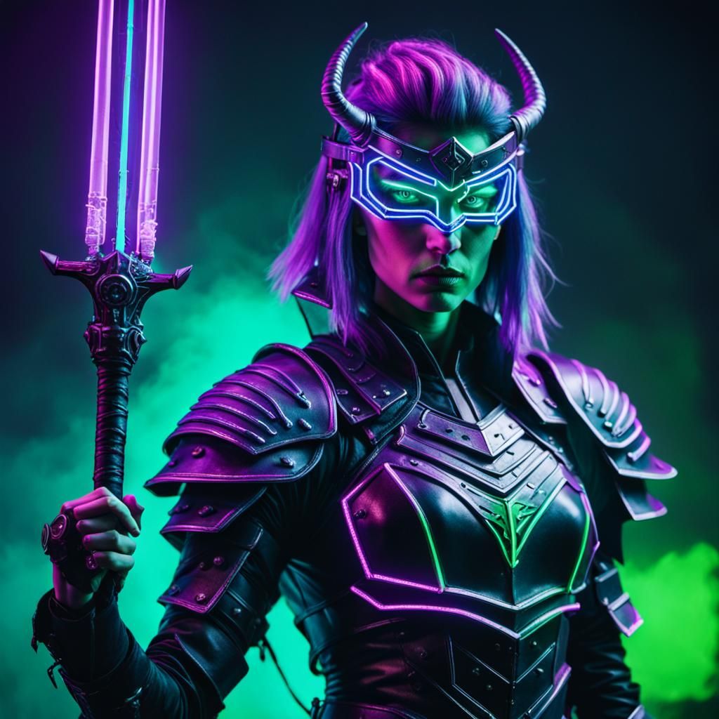 Synthwave Warlord Confronts Lich in Neon Landscape