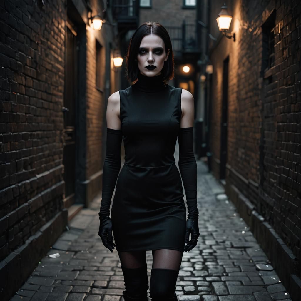 Goth Vampire Woman in Dimly Lit Alleyway