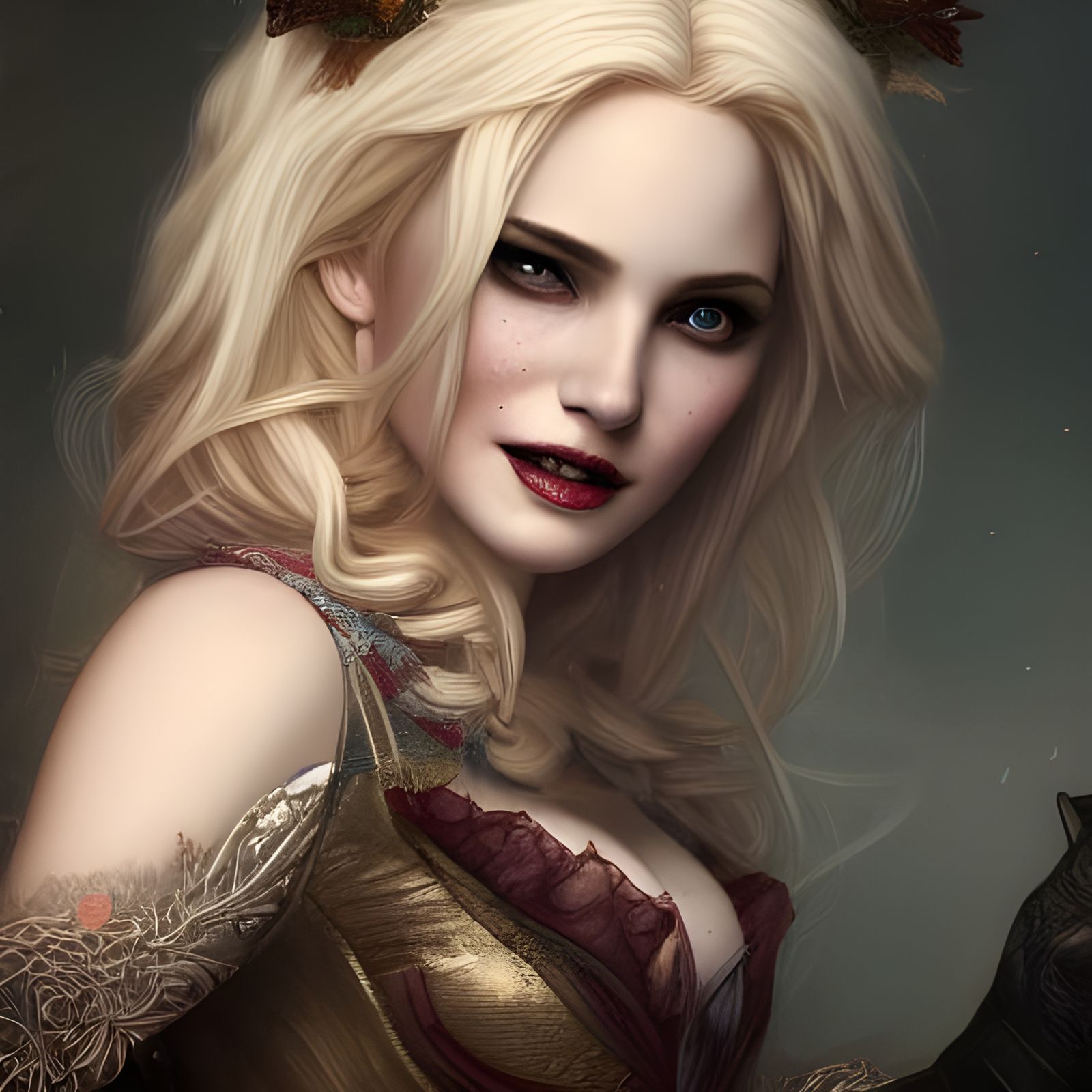 Smiling Vampire in Elaborate Corset: Hyper-Realistic Portrai...