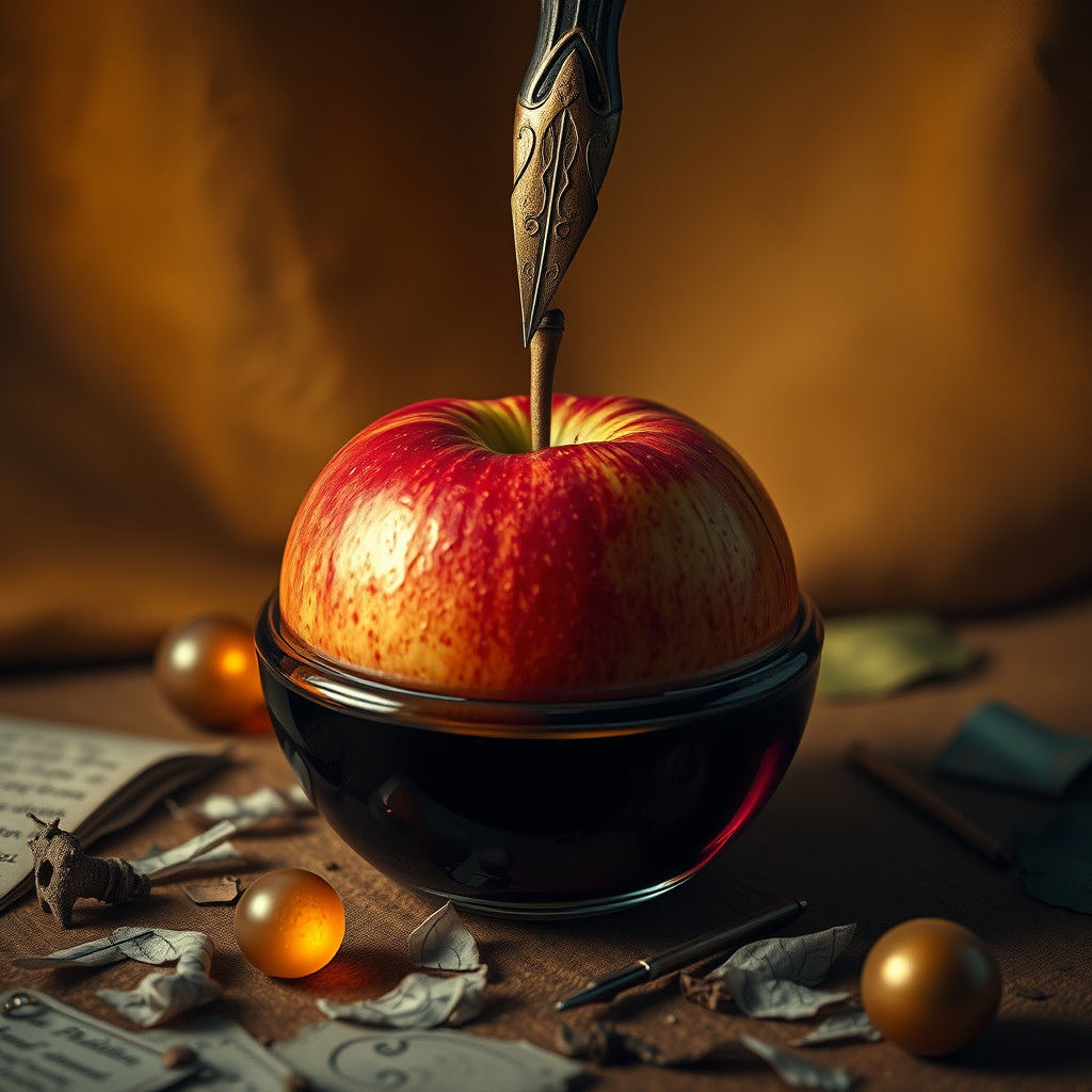 Apple in Inkwell with Pen, Fantasy Concept Art