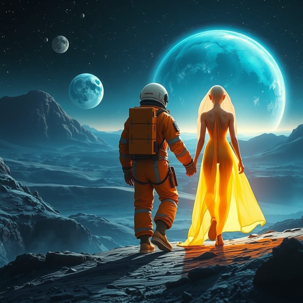 Intergalactic Duet Under Starry Skies in Cyberpunk Style